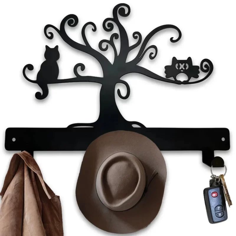 1pc Owl & Cat On Tree, Metal Wall Mounted Rack Hook, Wall Hanging Key Holder, Decorative Key Hanger Iron Crafts Wall hanging