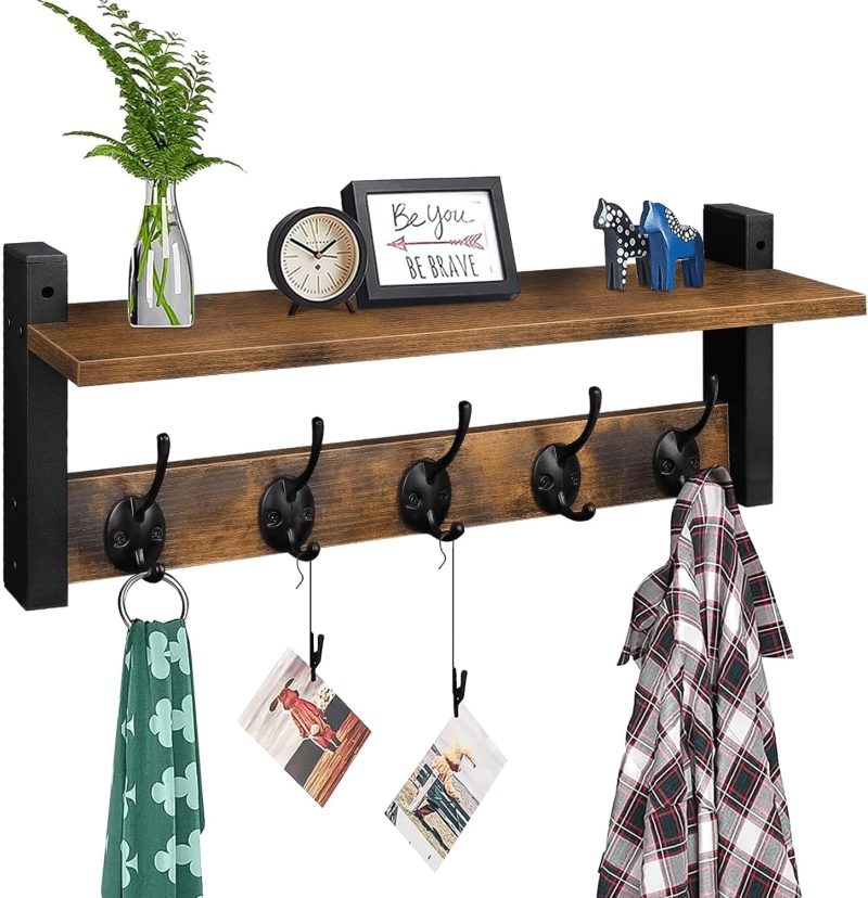 Coat Rack Shelf Wall Mounted 17 ", Entryway Coat Hanger with 5 Hooks, Hat Rack for Bedroom, Bathroom, Rustic Brown