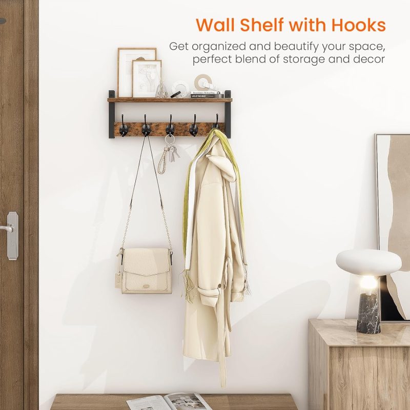 Coat Rack Shelf Wall Mounted 17 ", Entryway Coat Hanger with 5 Hooks, Hat Rack for Bedroom, Bathroom, Rustic Brown - Image 2