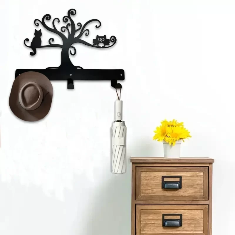 1pc Owl & Cat On Tree, Metal Wall Mounted Rack Hook, Wall Hanging Key Holder, Decorative Key Hanger Iron Crafts Wall hanging - Image 2