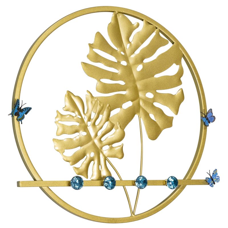 Monstera Wall Metal Sculpture Decor, Gold Coat Hooks  - 19.5 Inch Entryway 5 Hooks