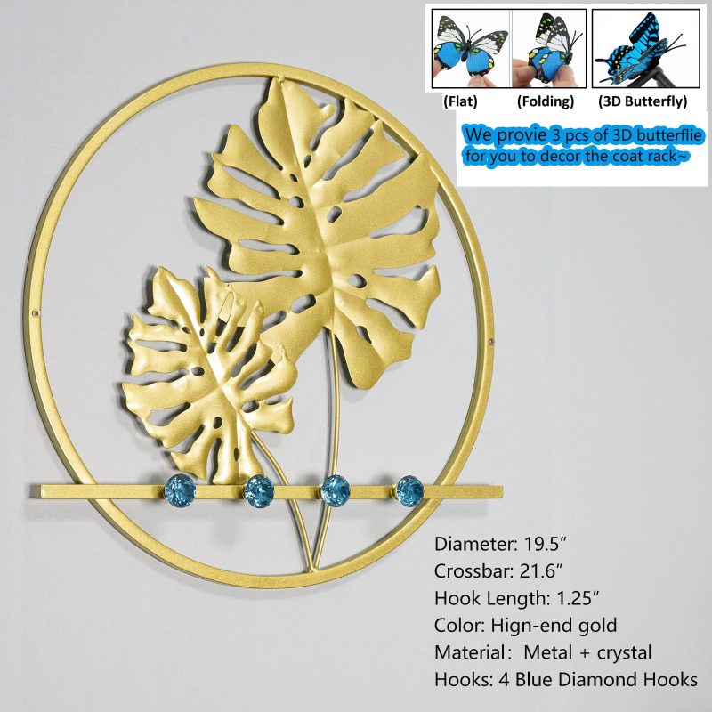 Monstera Wall Metal Sculpture Decor, Gold Coat Hooks  - 19.5 Inch Entryway 5 Hooks - Image 2