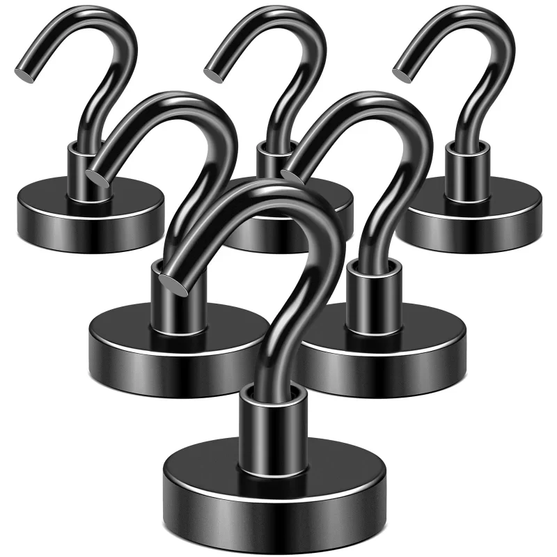 Black Magnetic Hooks, 80 LB Heavy Duty Strong Magnet with Hooks, Strong Rare Earth Neodymium Magnet Hooks for Hanging, Magnetic Hanger for Curtain, Home, Kitchen, Workplace, 6 Packs