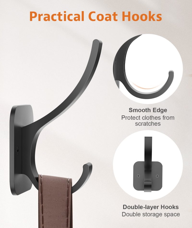 6 Pack Black Coat Hooks Wall Mount, Heavy Duty Wall Hooks for Hanging, Backpack Hooks for Wall, Metal Towel Hooks for Hanging Hat, Purse, Robe - Image 2