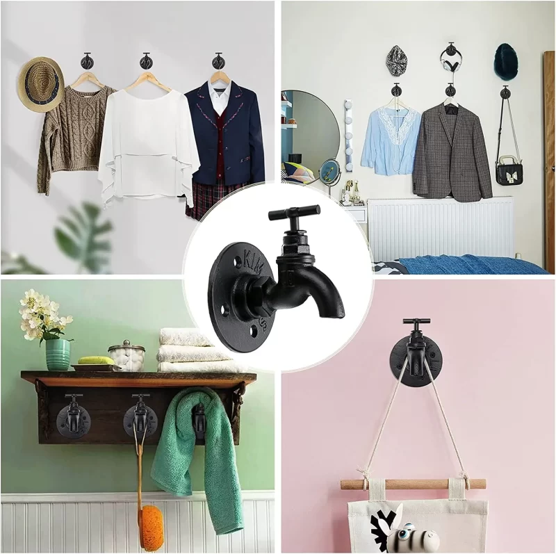 2 Pcs Industrial Pipe Coat Hook Racks- Heavy Duty Rustic Hat Robe Towel Holder Hanger, Wall Mounted Clothing Racks with Hardware for Home, Office, Electroplated Black Finish