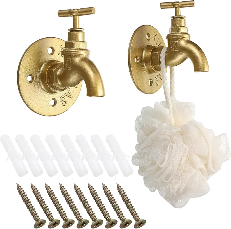2 Pcs Industrial Pipe Coat Hook Racks- Heavy Duty Rustic Hat Robe Towel Holder Hanger,Wall Mounted Clothing Racks with Hardware for Home, Office, Electroplated Gold Finish - Image 2