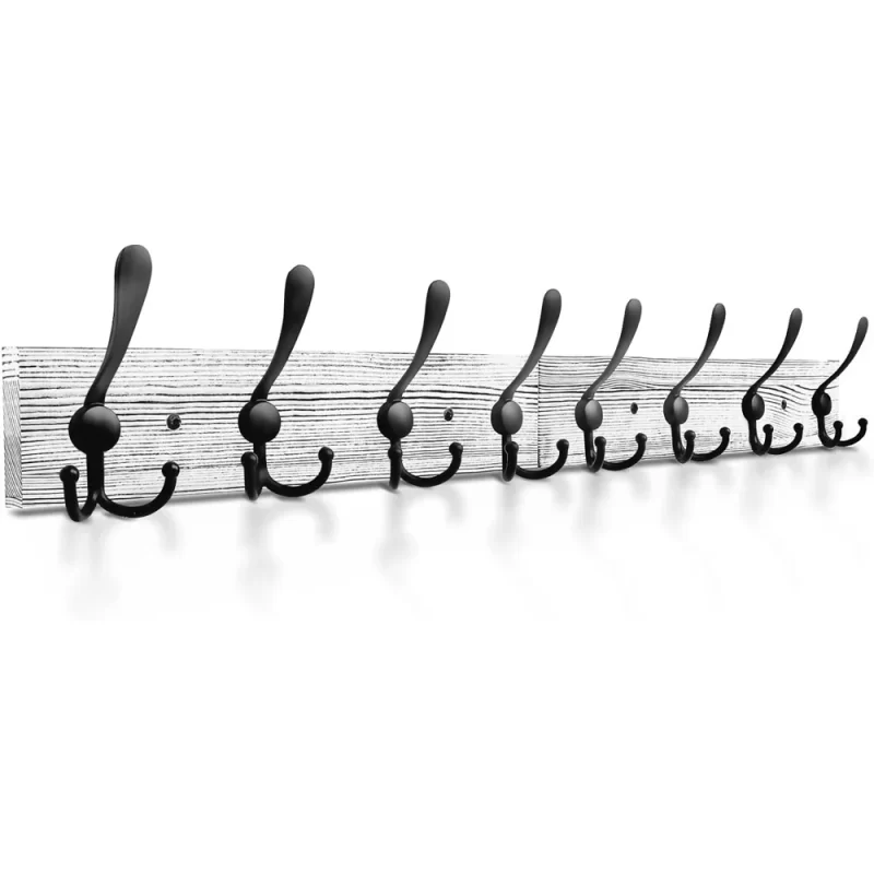 Wall Mounted Coat Rack 31.5'' Wooden White Plate with 8 Black Tri Hooks, Heavy Duty Metal Coat Hooks for Entryway Bathroom Decor