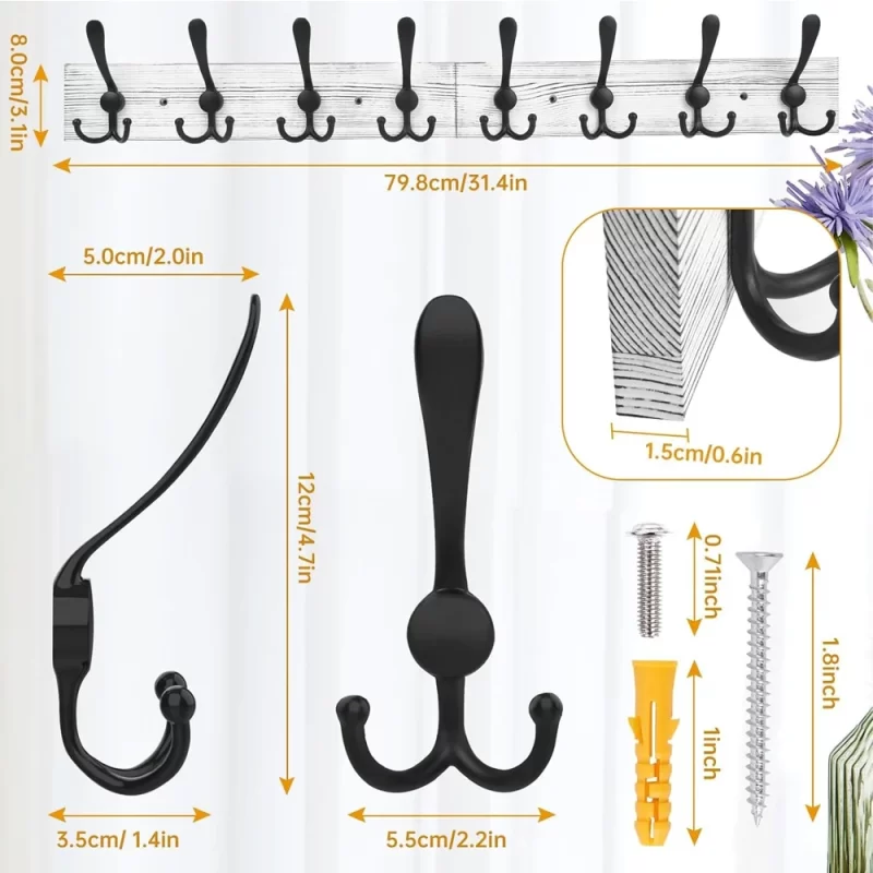 Wall Mounted Coat Rack 31.5'' Wooden White Plate with 8 Black Tri Hooks, Heavy Duty Metal Coat Hooks for Entryway Bathroom Decor - Image 2
