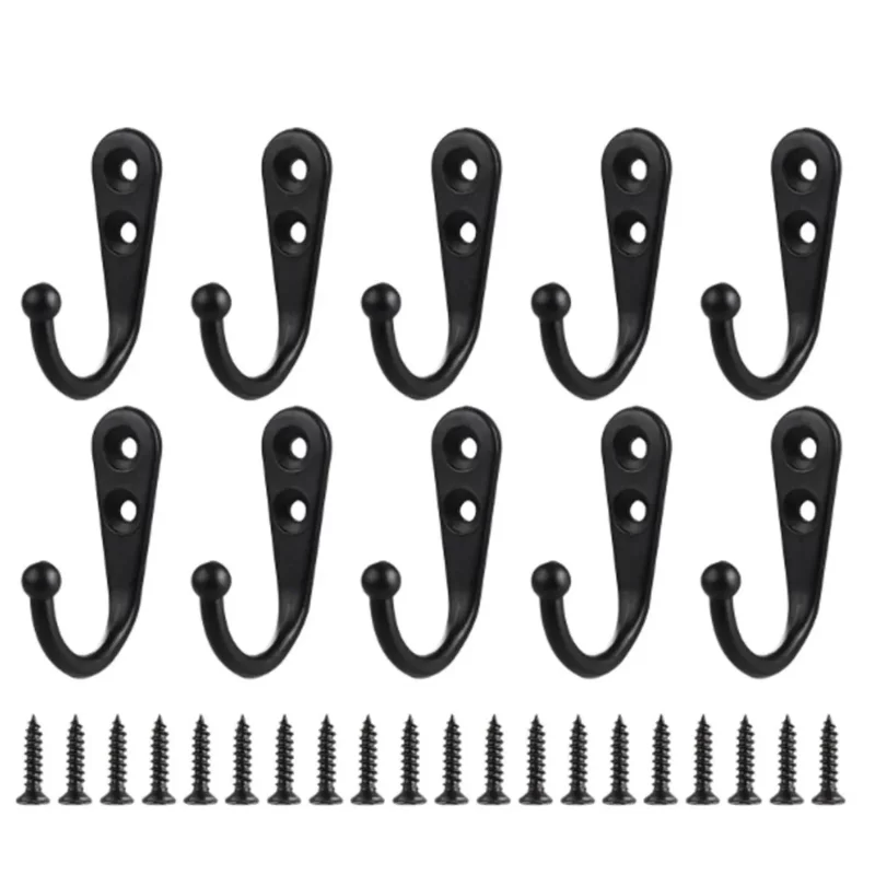 Industrial Strength Wall Hooks 10 Pack - Black Metal Coat Hooks for Heavy Coats & Backpacks - Rustproof Mudroom Hooks with Screws - Vintage Style Home Organization - Image 2