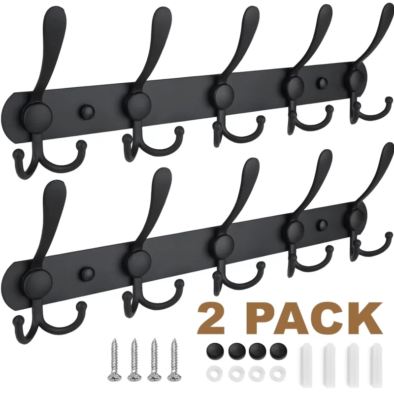 Wall Mounted Coat Rack, 2 Pack 16 Inch Heavy Duty Stainless Steel Wall Hook Rack with 5 Triple Hooks