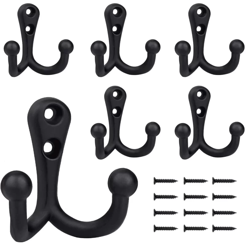 6 Packs Coat Hooks Wall Mount Metal Double Hooks for Bathroom, Bedroom, Laundry Room, Cloakroom（Black）