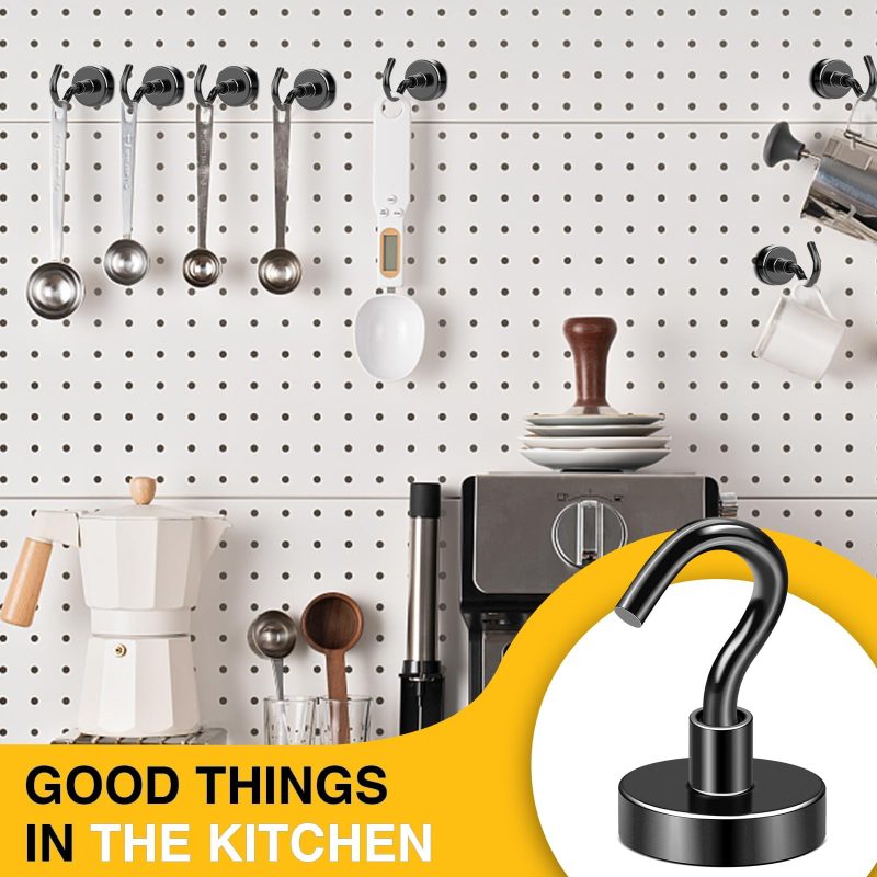 Black Magnetic Hooks, 80 LB Heavy Duty Strong Magnet with Hooks, Strong Rare Earth Neodymium Magnet Hooks for Hanging, Magnetic Hanger for Curtain, Home, Kitchen, Workplace, 6 Packs - Image 2